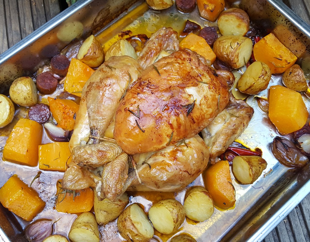 Roast chicken with butternut squash, chorizo & chilli