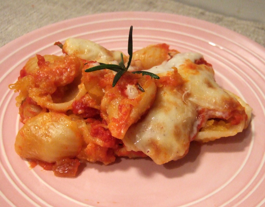 Baked pasta shells stuffed with squash