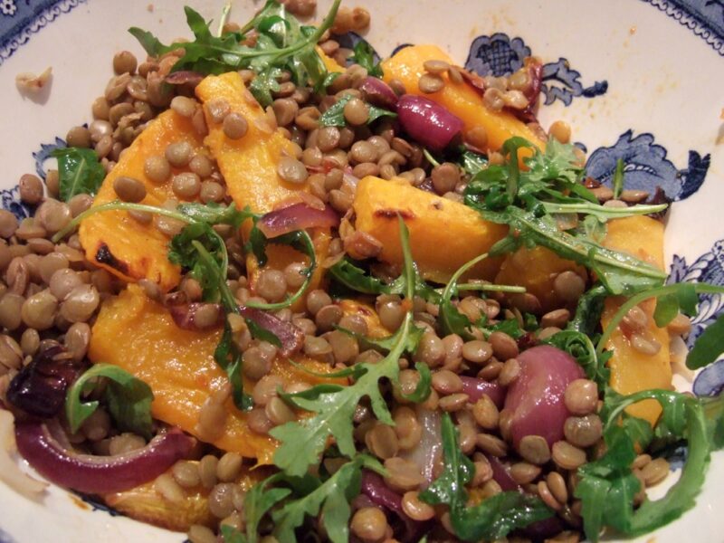 Roasted squash and harissa lentil salad