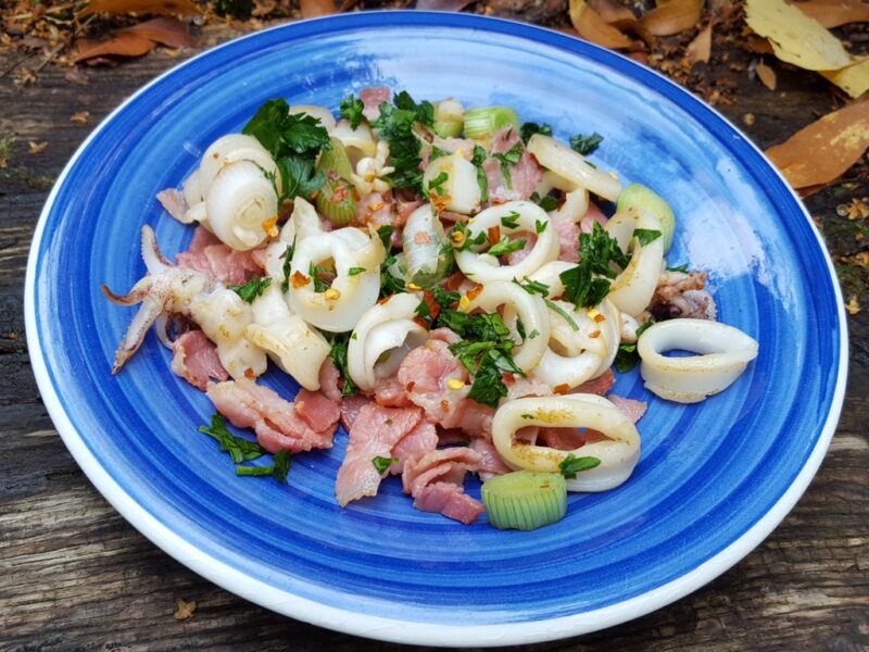 Spiced squid with bacon