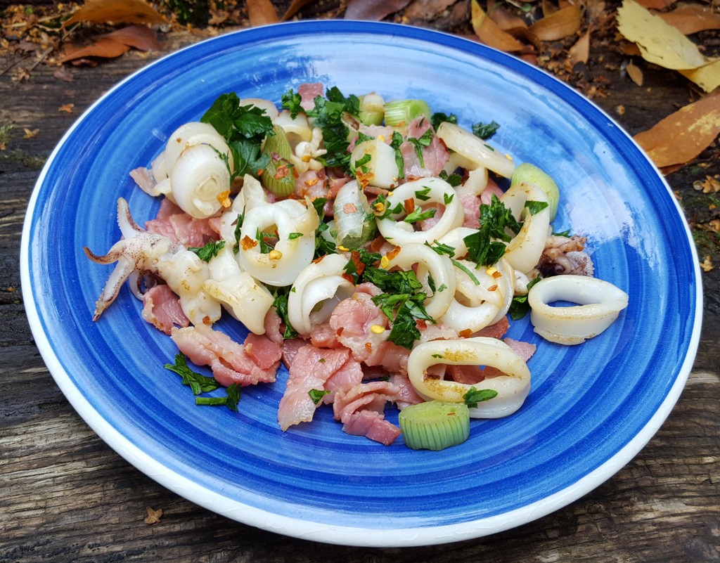 Spiced squid with bacon