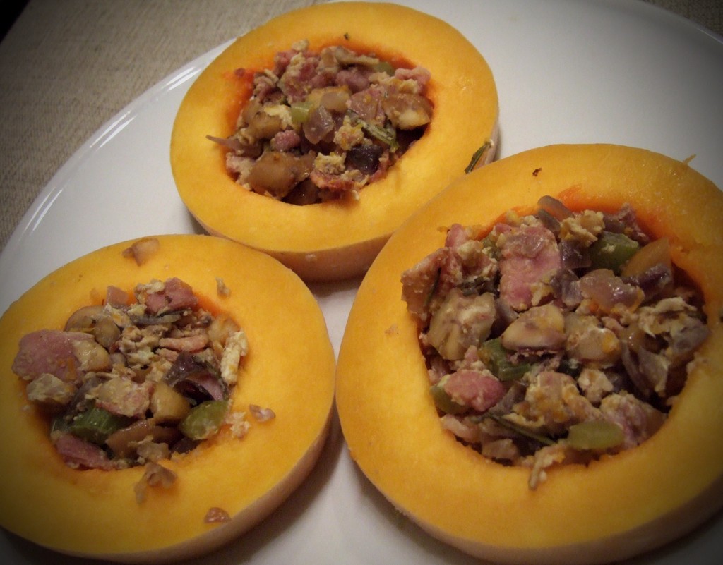 Baked butternut squash with bacon and chestnuts