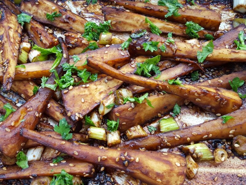 Miso baked parsnips