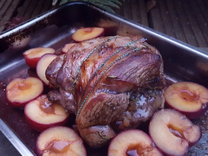 Roast lamb with ginger and plums