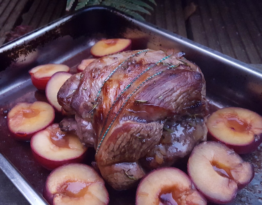 Roast lamb with ginger and plums