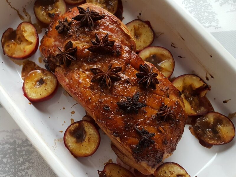 Sticky Gammon with Roasted Plums