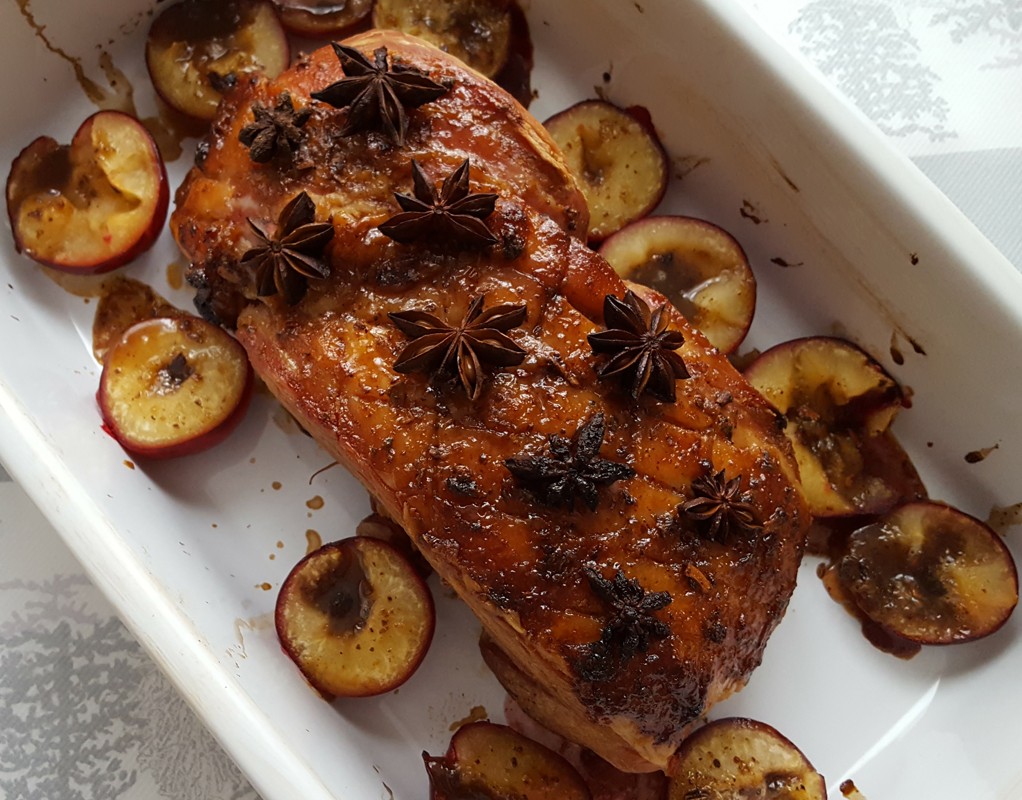 Sticky Gammon with Roasted Plums