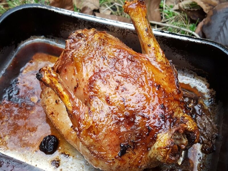 Cherry glazed roasted duck crown