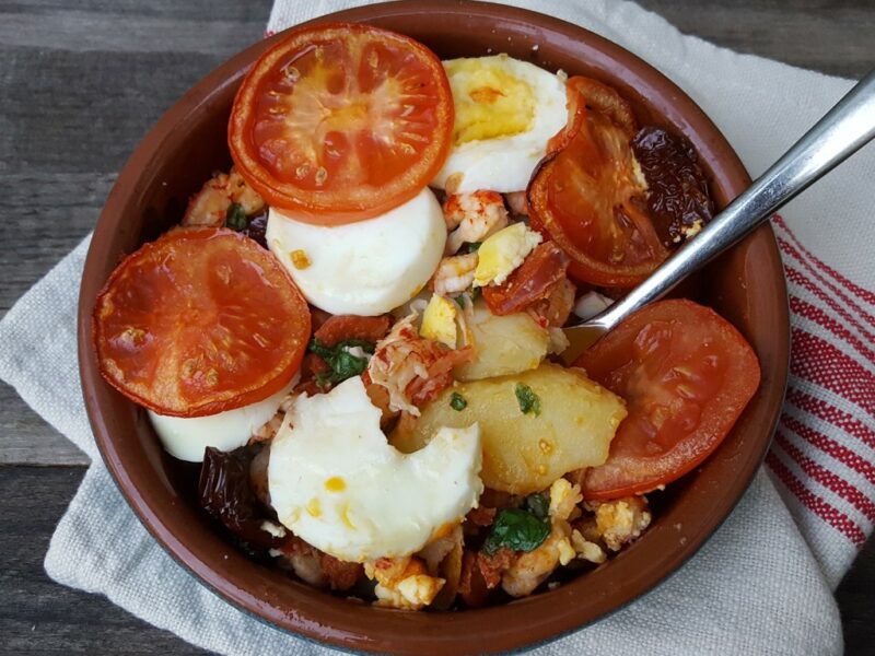 Potato, crayfish and chorizo bake