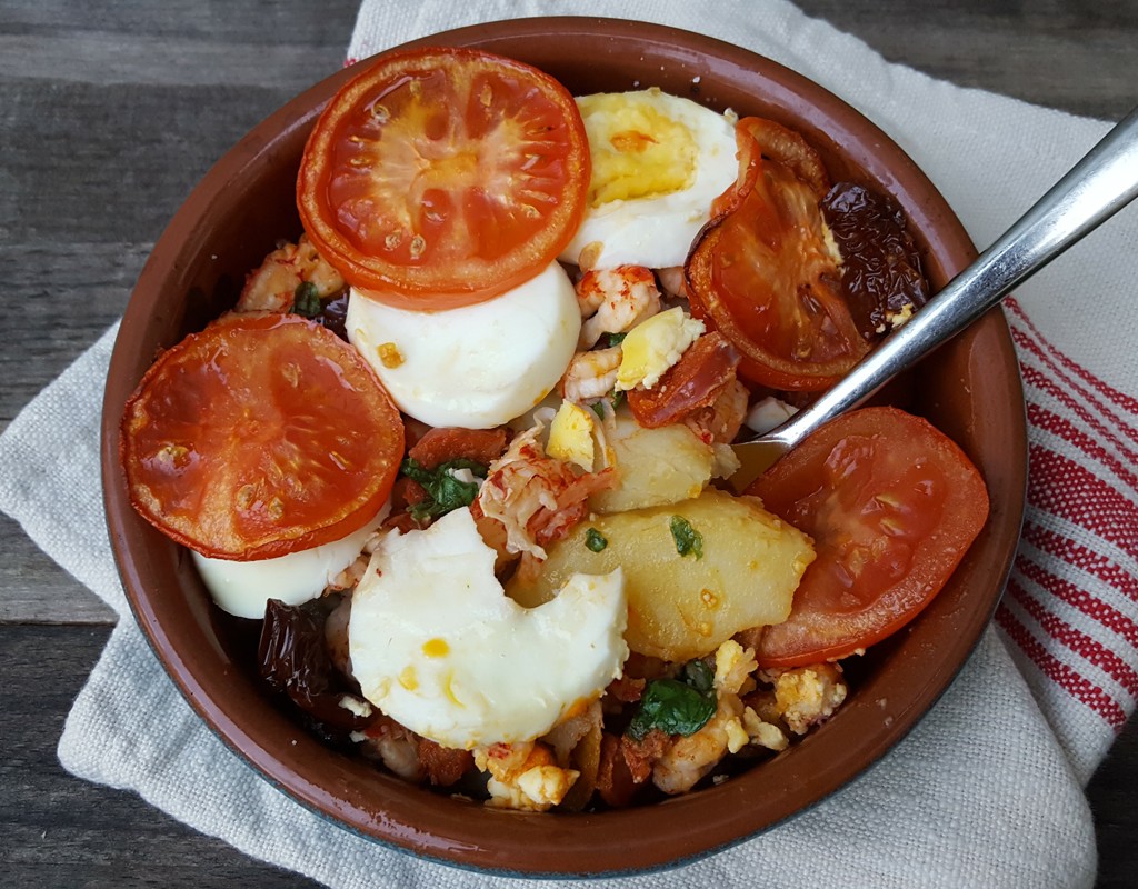 Potato, crayfish and chorizo bake