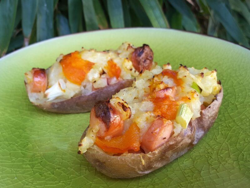 Cheese & frankfurter loaded potato skins