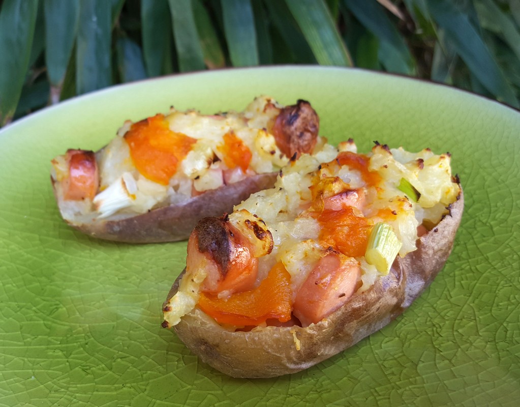 Cheese & frankfurter loaded potato skins