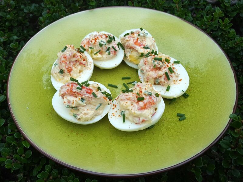 Crayfish-stuffed devilled eggs