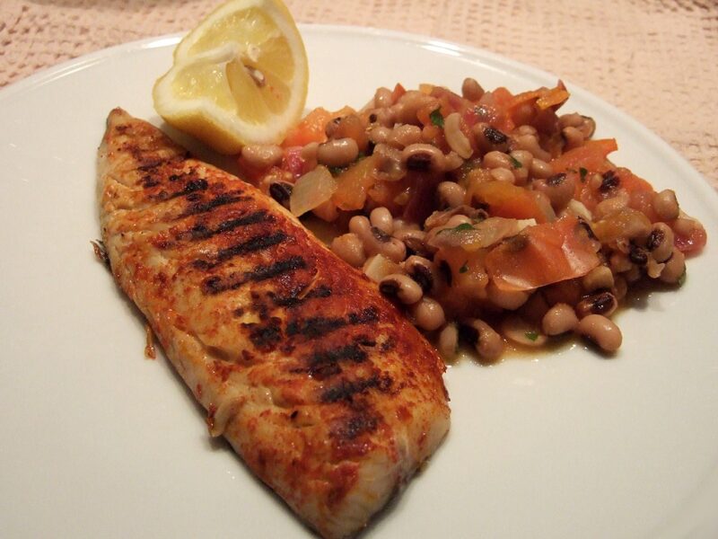 Grilled mackerel with tomato and bean sauce