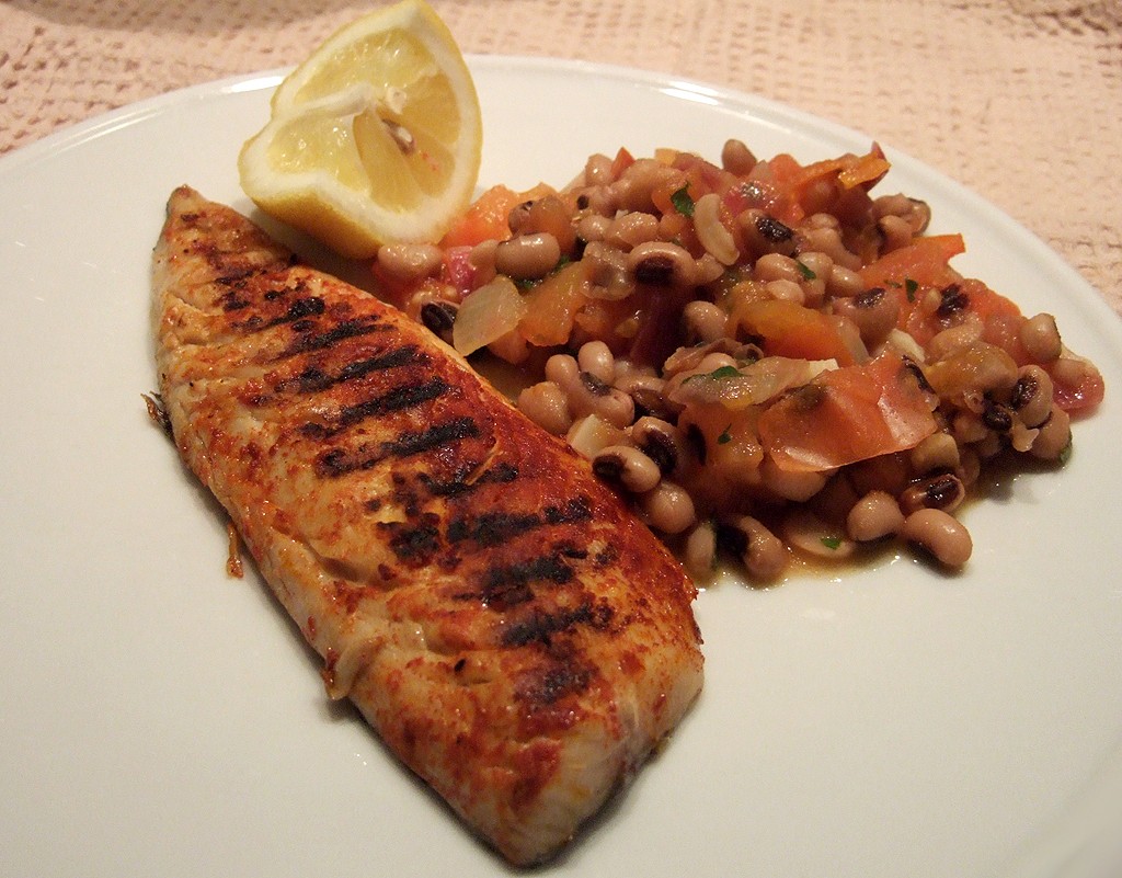 Grilled mackerel with tomato and bean sauce