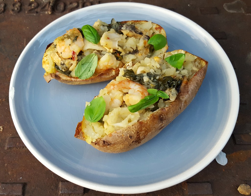 Seafood loaded potato skins