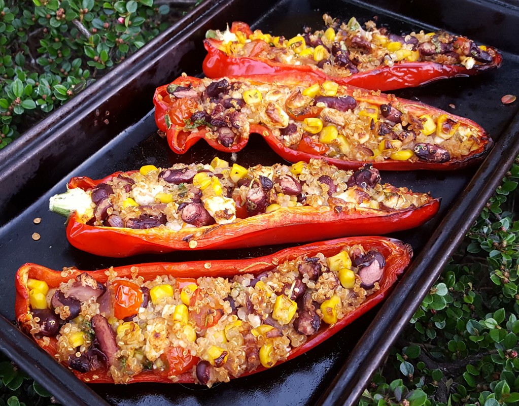 Spicy vegan stuffed romano peppers