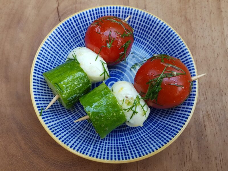 Mozzarella, cucumber and tomato bites