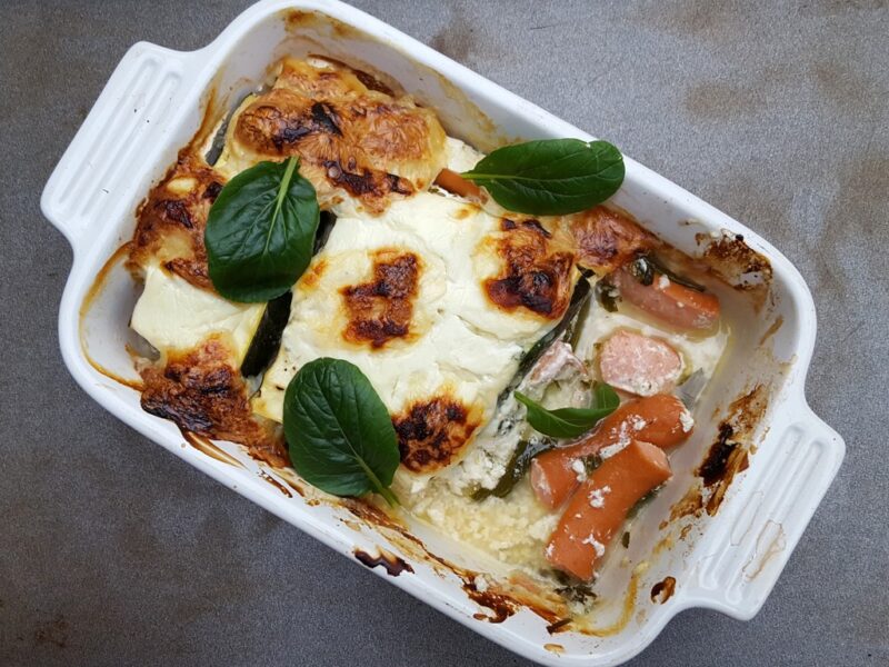 Courgette and frankfurter gratin