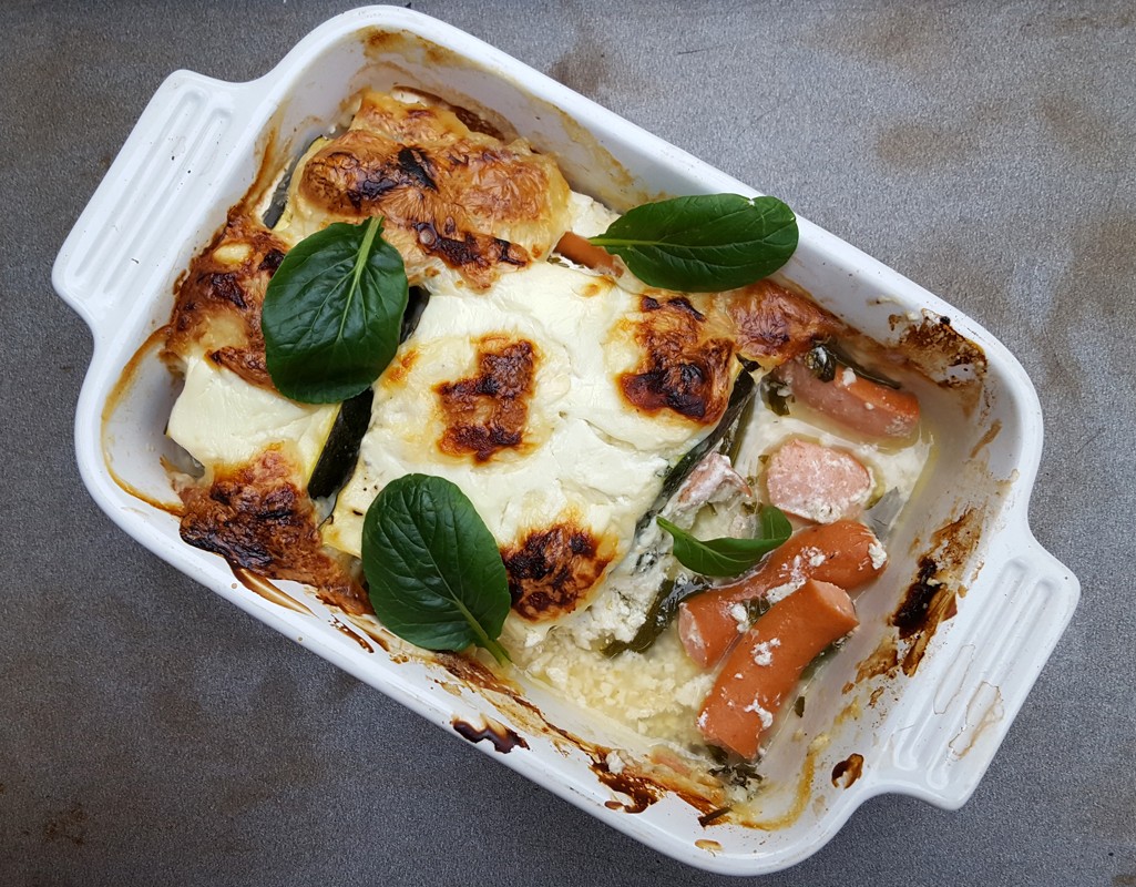 Courgette and frankfurter gratin