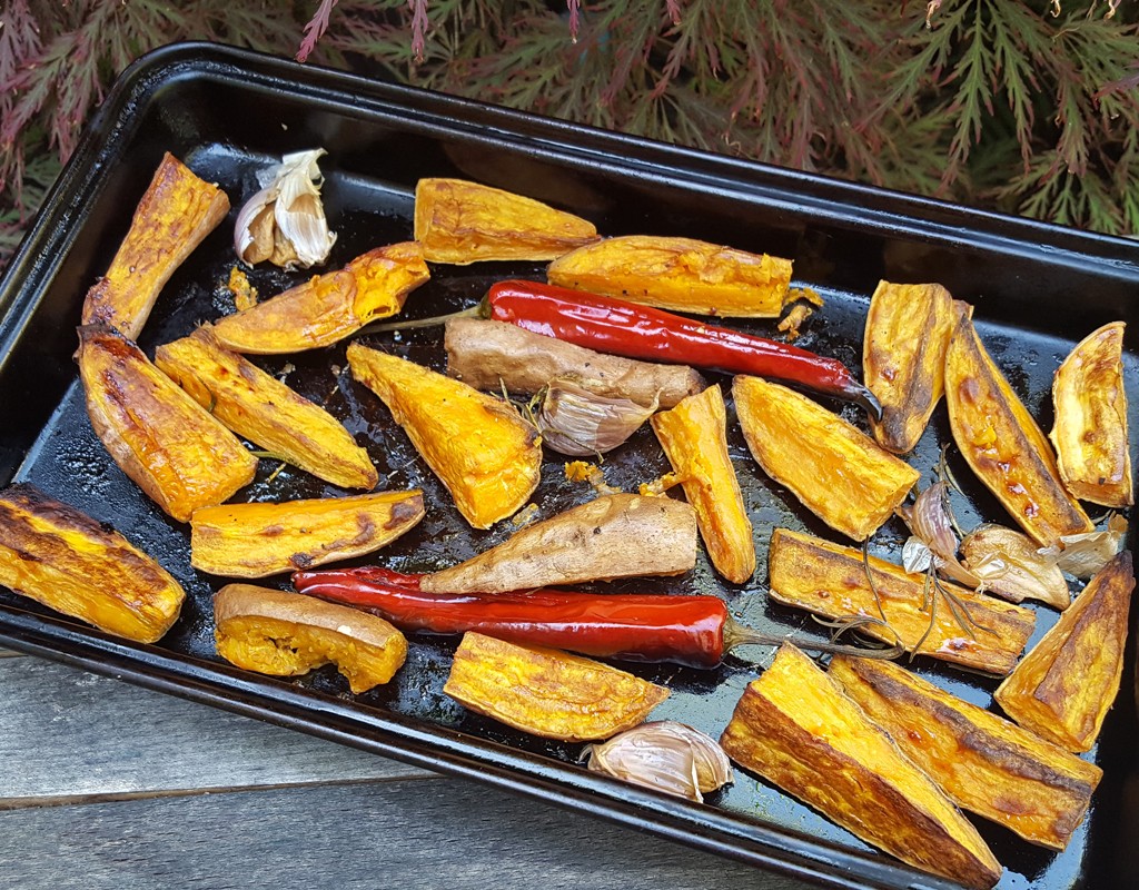 Garlic and rosemary roasted sweet potatoes