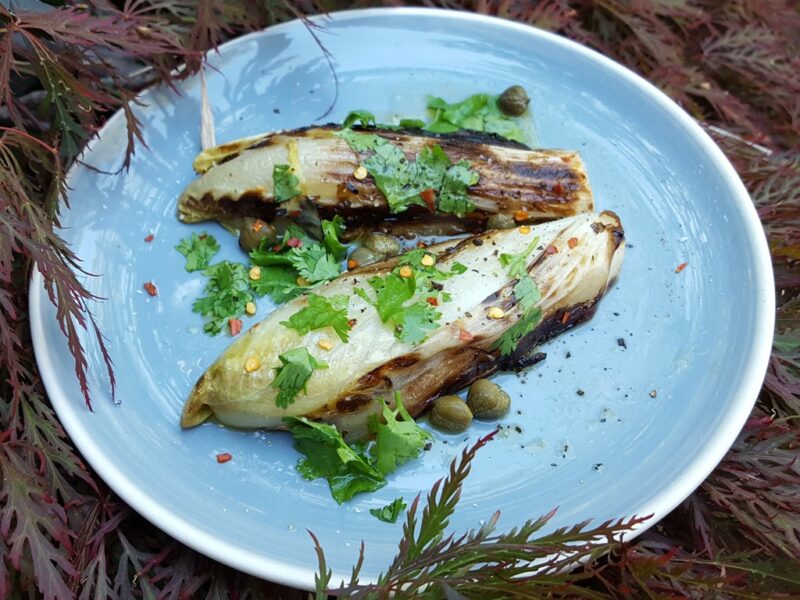 Grilled chicory with chilli & caper gremolata