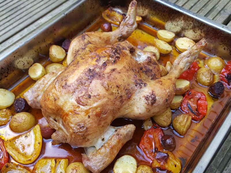 Roast chicken with chorizo and vegetables