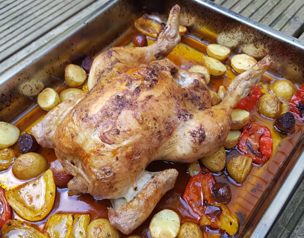 Roast chicken with chorizo and vegetables