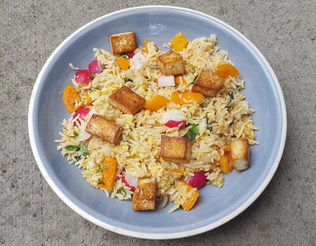 Egg-fried rice with crispy tofu