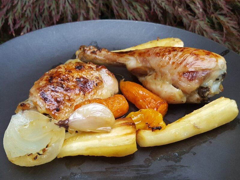 Maple and ginger baked chicken with parsnips