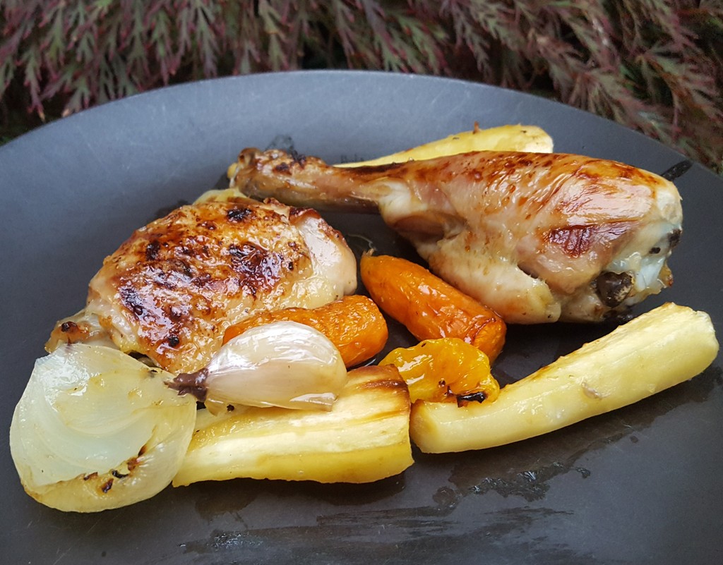 Maple and ginger baked chicken with parsnips