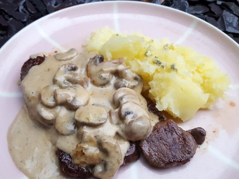 Venison steak with mushroom and Stilton sauce