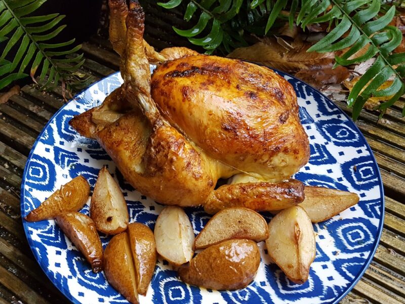 Cinnamon roasted chicken with spiced pears