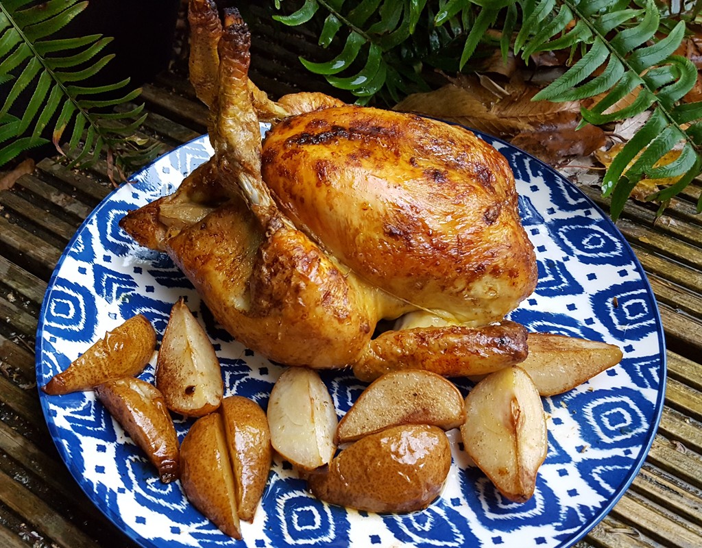 Cinnamon roasted chicken with spiced pears