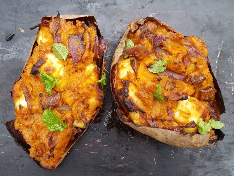 Loaded sweet potatoes with halloumi and caramelised onion