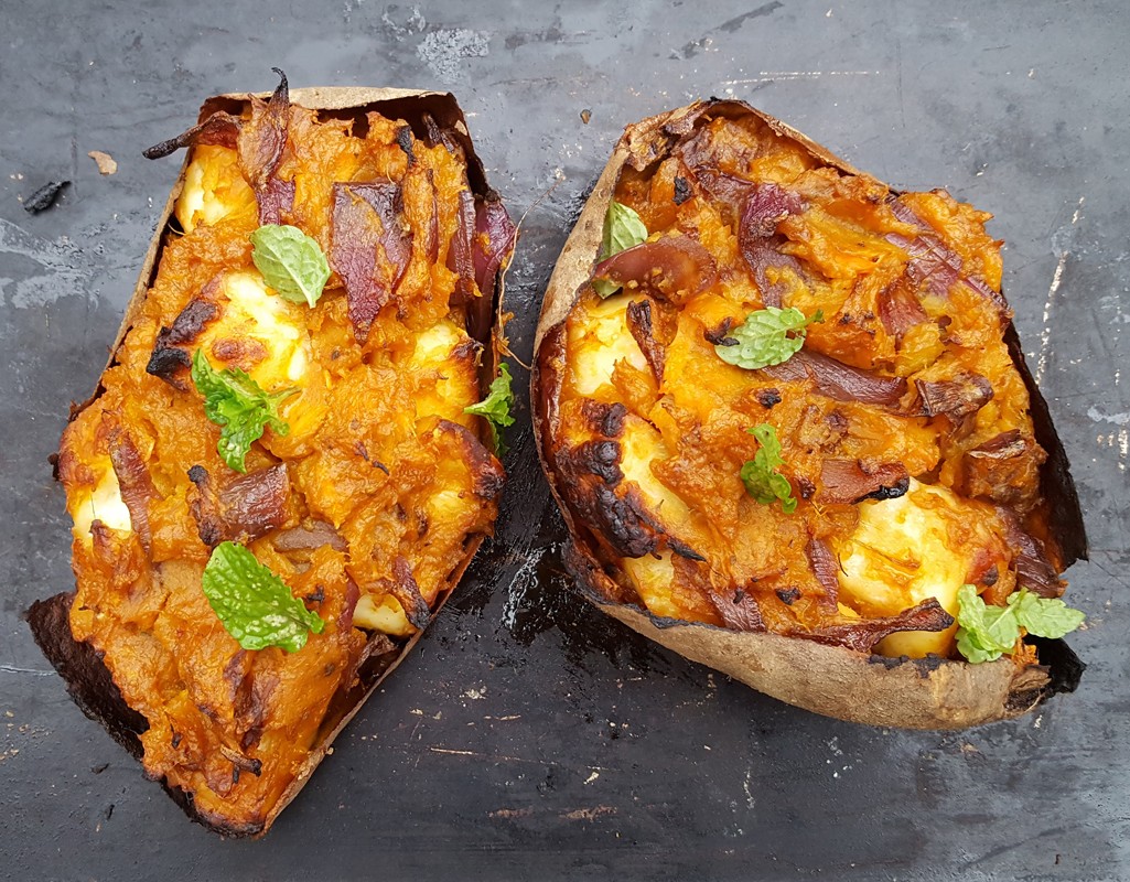 Loaded sweet potatoes with halloumi and caramelised onion