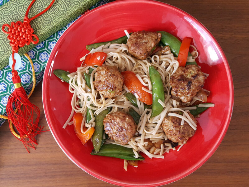 Hoisin meatballs with noodles