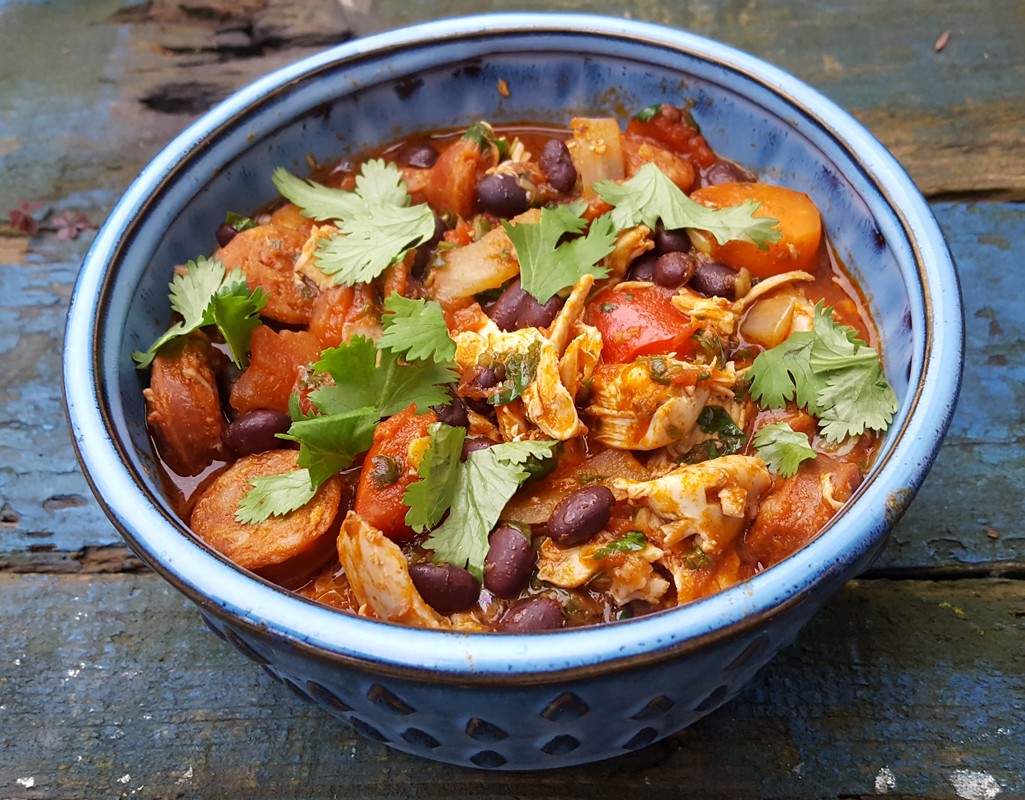 Chicken, chorizo and black beans stew