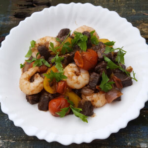 Morcilla with king prawns