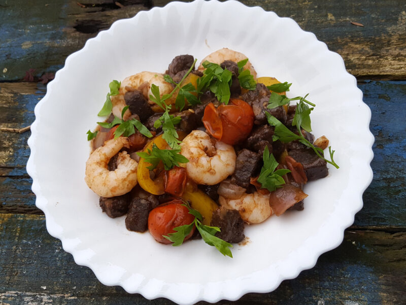 Morcilla with king prawns