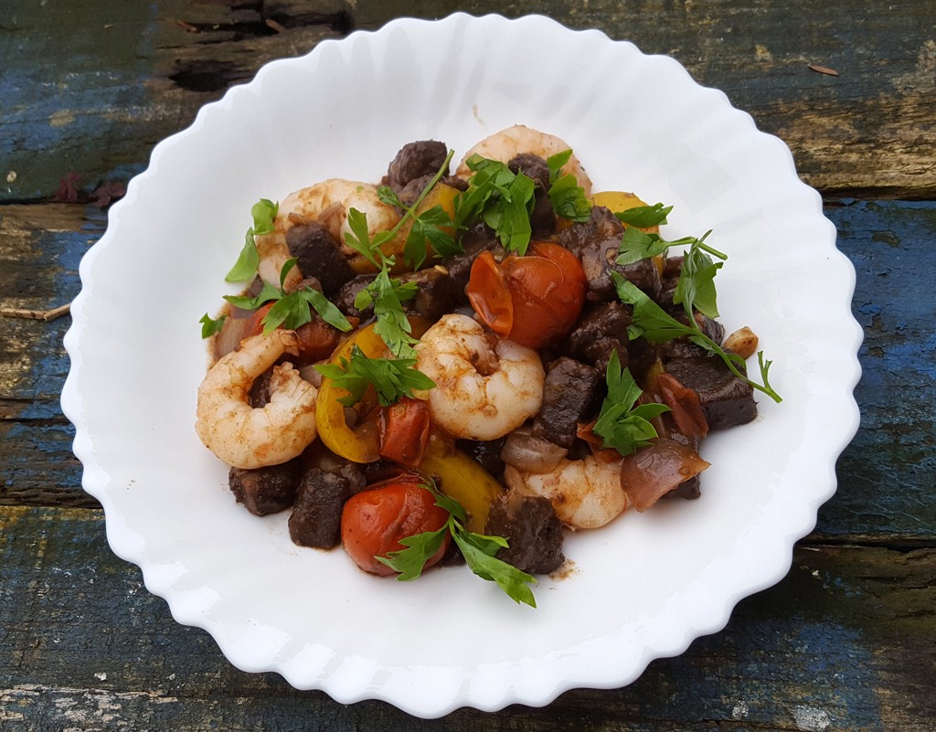 Morcilla with king prawns