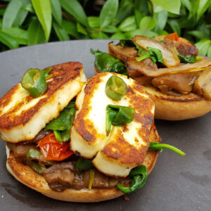 Spiced halloumi and aubergine burger