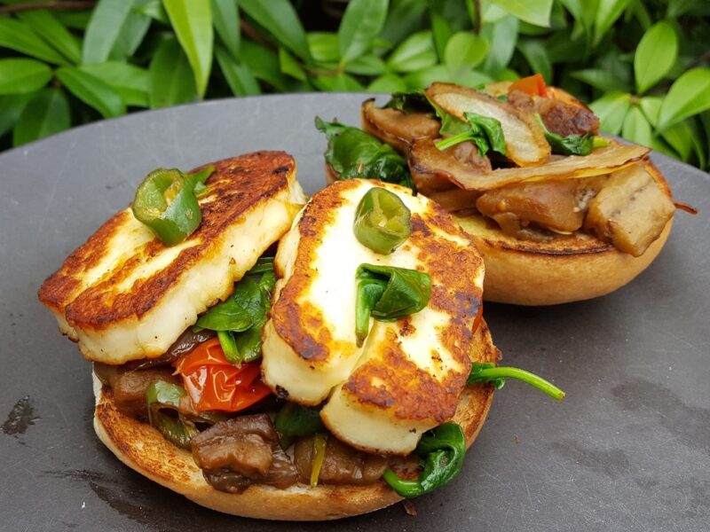 Spiced halloumi and aubergine burger