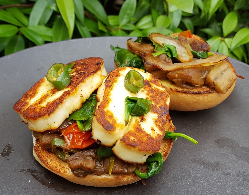 Spiced halloumi and aubergine burger