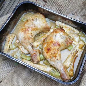 Baked chicken and celeriac with Stilton sauce