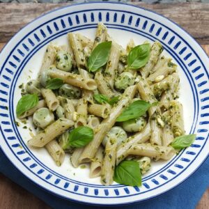 Broad beans and pesto pasta