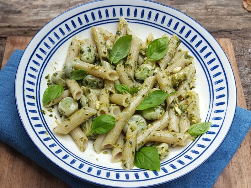 Broad beans and pesto pasta