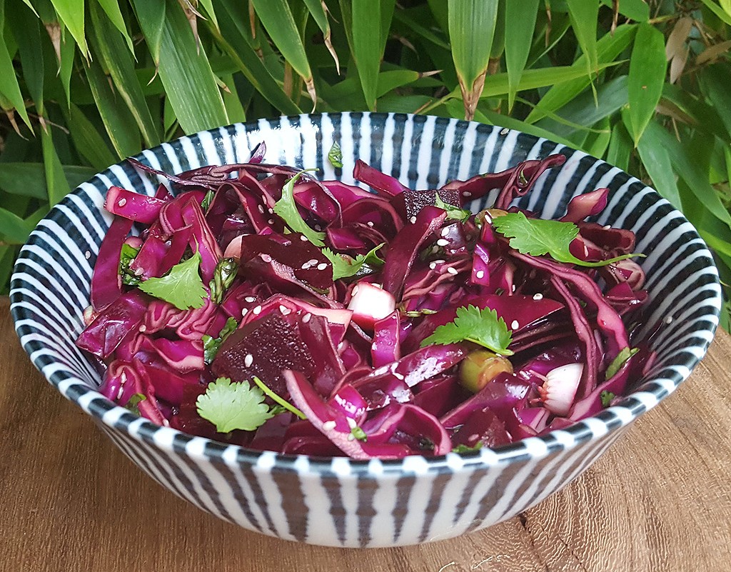 Japanese-style red cabbage and beet salad