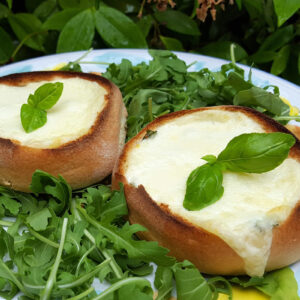 Mozzarella and pesto bread bowls