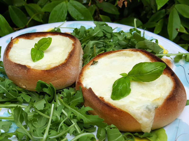 Mozzarella and pesto bread bowls